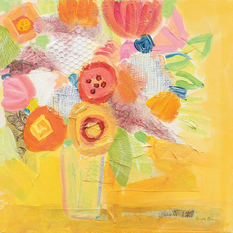 a painting of flowers in a vase on a yellow background