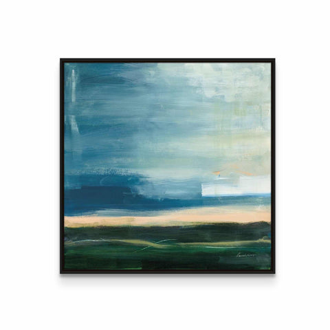 a painting of a blue and green landscape