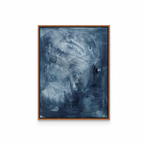 an abstract painting with blue and white colors