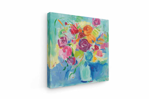 a painting of colorful flowers in a blue vase