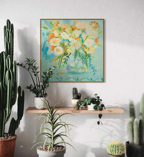 a painting of flowers on a shelf next to potted plants