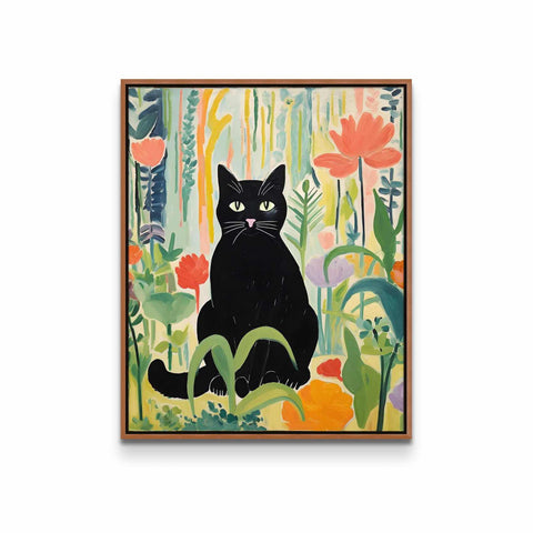 a painting of a black cat sitting in a garden