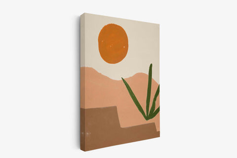 a painting of a desert with a sun in the background