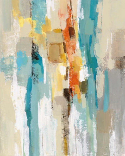 an abstract painting of blue, yellow, and white colors