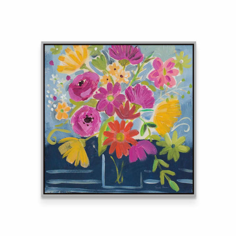 a painting of colorful flowers in a vase