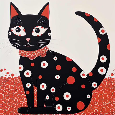 a painting of a black cat with a red collar