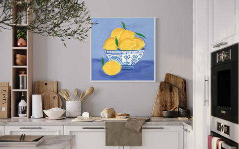 a painting of lemons in a bowl on a kitchen counter