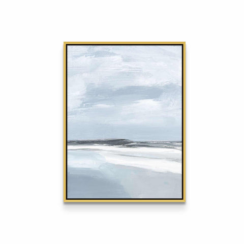 a painting of a beach with a yellow frame