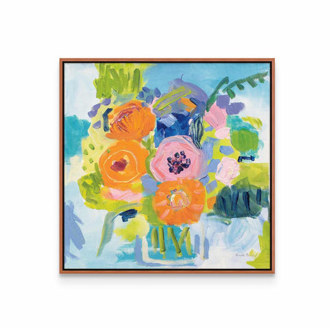 a painting of colorful flowers in a vase