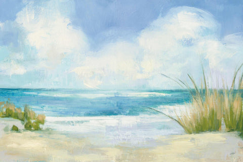 a painting of a beach with grass and the ocean in the background