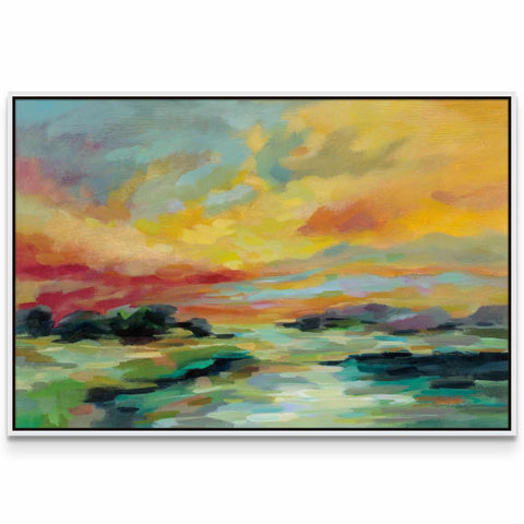 a painting of a sunset over a body of water