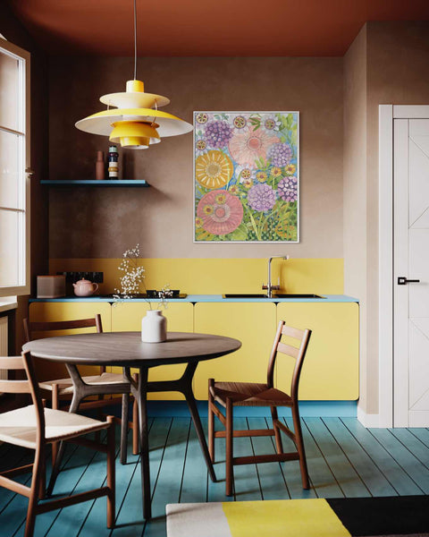 a kitchen with a table, chairs and a painting on the wall