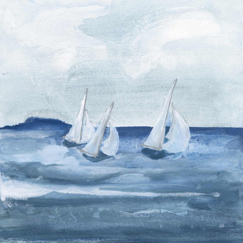 a painting of two sailboats in the ocean