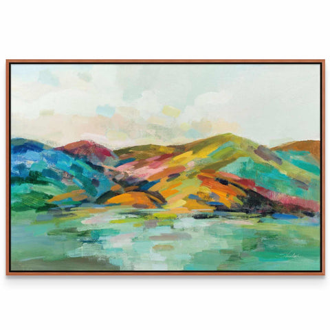 a painting of mountains and water