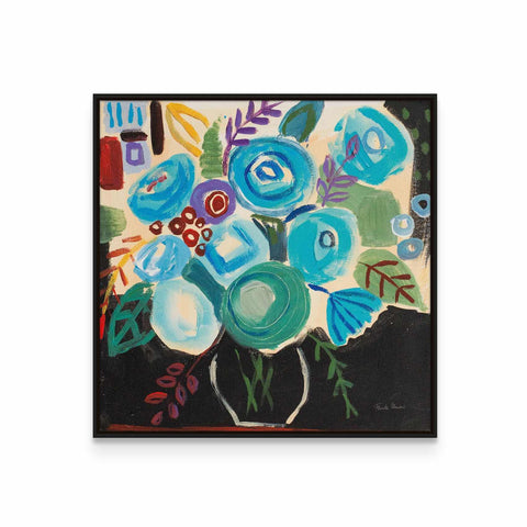 a painting of blue flowers in a vase
