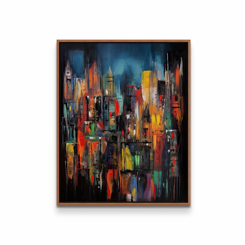 a painting of a cityscape with buildings in the background
