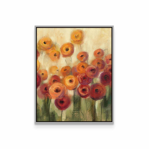 a painting of orange and red flowers on a white background