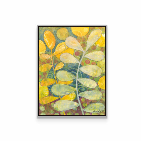 a painting of yellow and green leaves on a white wall