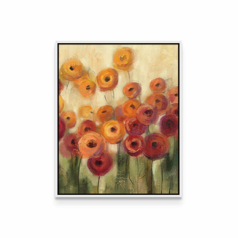 a painting of orange and red flowers on a white background