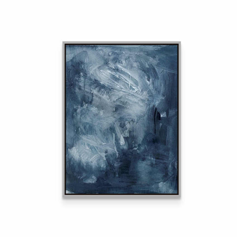 an abstract painting with blue and white colors