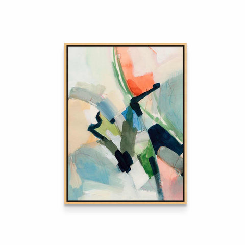 an abstract painting with blue, green, orange and white colors