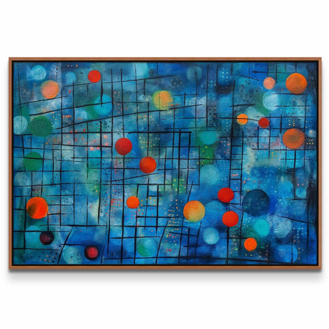 a painting of blue, orange, and red circles