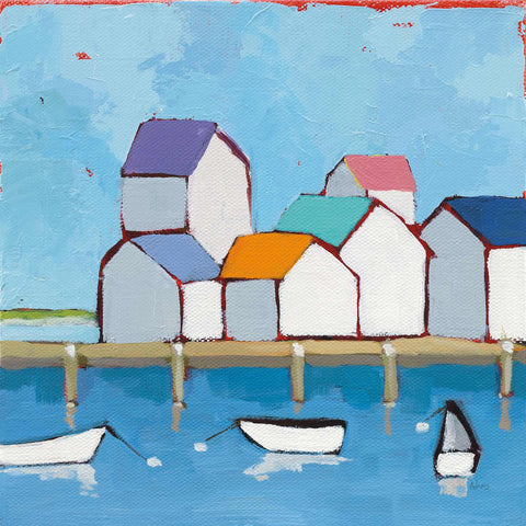 a painting of a row of houses and boats in the water