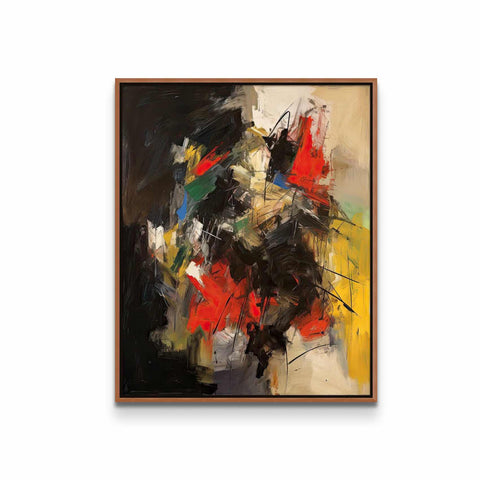 an abstract painting with black, yellow, red, and green colors