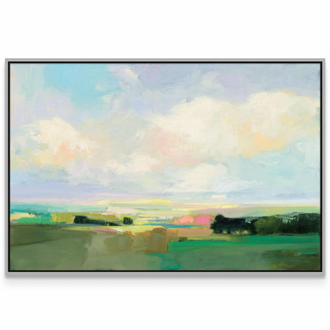 a painting of a field with clouds in the sky