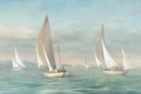 a painting of sailboats sailing in the ocean