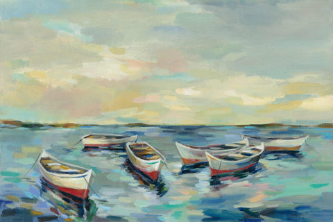 a painting of a group of boats in the water
