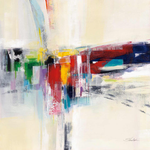 a painting of a white, red, yellow, and blue abstract painting