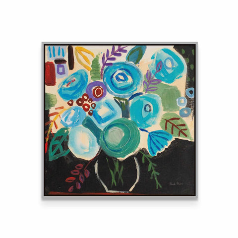 a painting of blue flowers in a vase