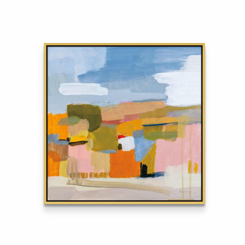 a painting with a yellow frame on a white wall