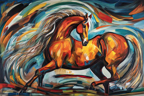 a painting of a horse running in the wind