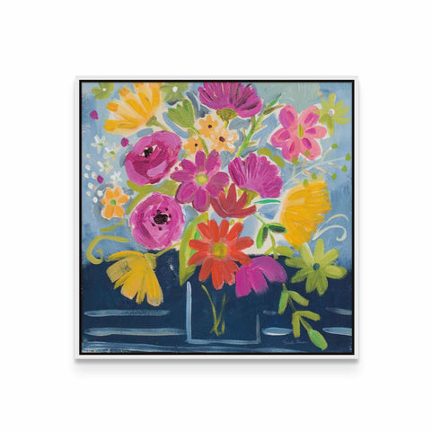 a painting of colorful flowers in a vase