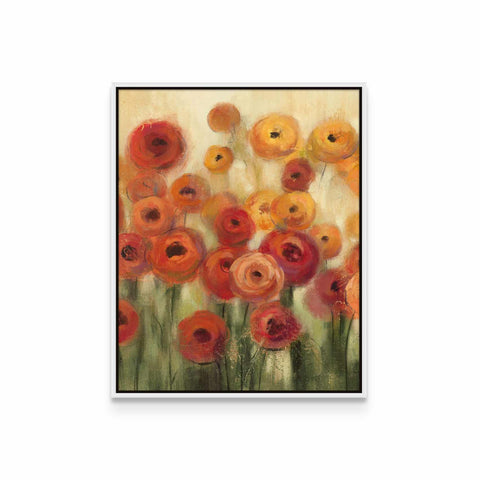 a painting of orange and red flowers on a white background