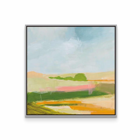 a painting of a green field with a blue sky in the background