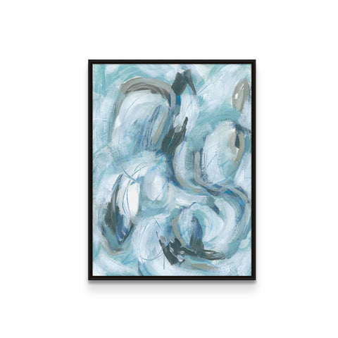 an abstract painting of blue and black shapes