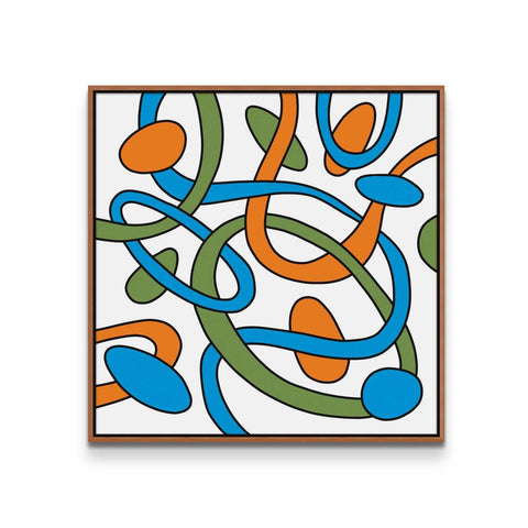 a painting on a white wall with an orange and blue design