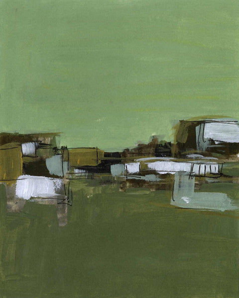 a painting of a green field with white and brown buildings