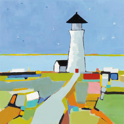 a painting of a lighthouse on a beach