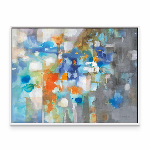 an abstract painting with blue, orange and white colors