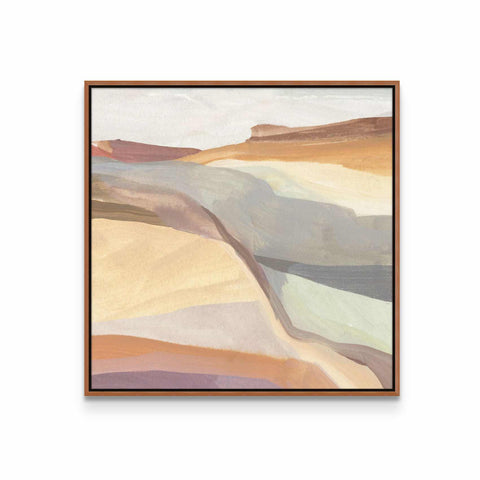 a painting of a desert landscape with a brown frame