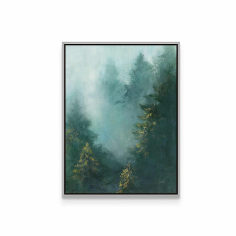 a painting of a foggy forest with trees
