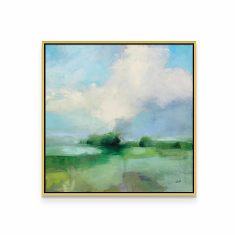 a painting of a green field with a blue sky in the background