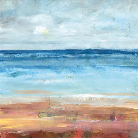 a painting of a blue ocean with a sky background