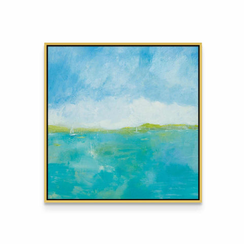 a painting of a blue ocean with a yellow frame