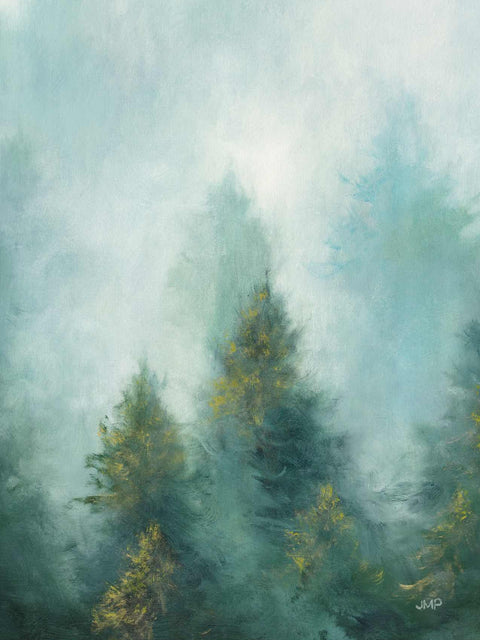 a painting of trees in a foggy forest