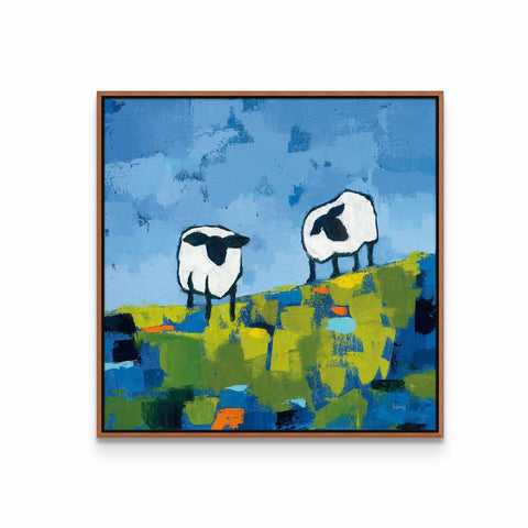 a painting of two sheep standing on a hill